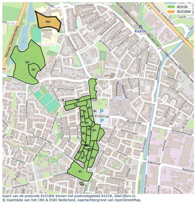 Afbeelding van het postcodegebied 8101 BW op de kaart.
