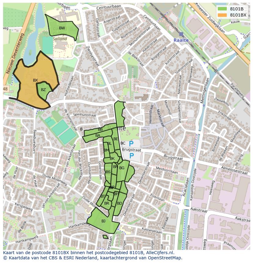 Afbeelding van het postcodegebied 8101 BX op de kaart.