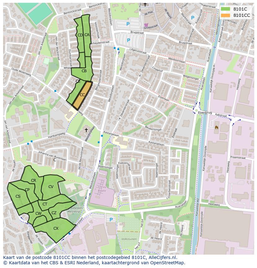 Afbeelding van het postcodegebied 8101 CC op de kaart.