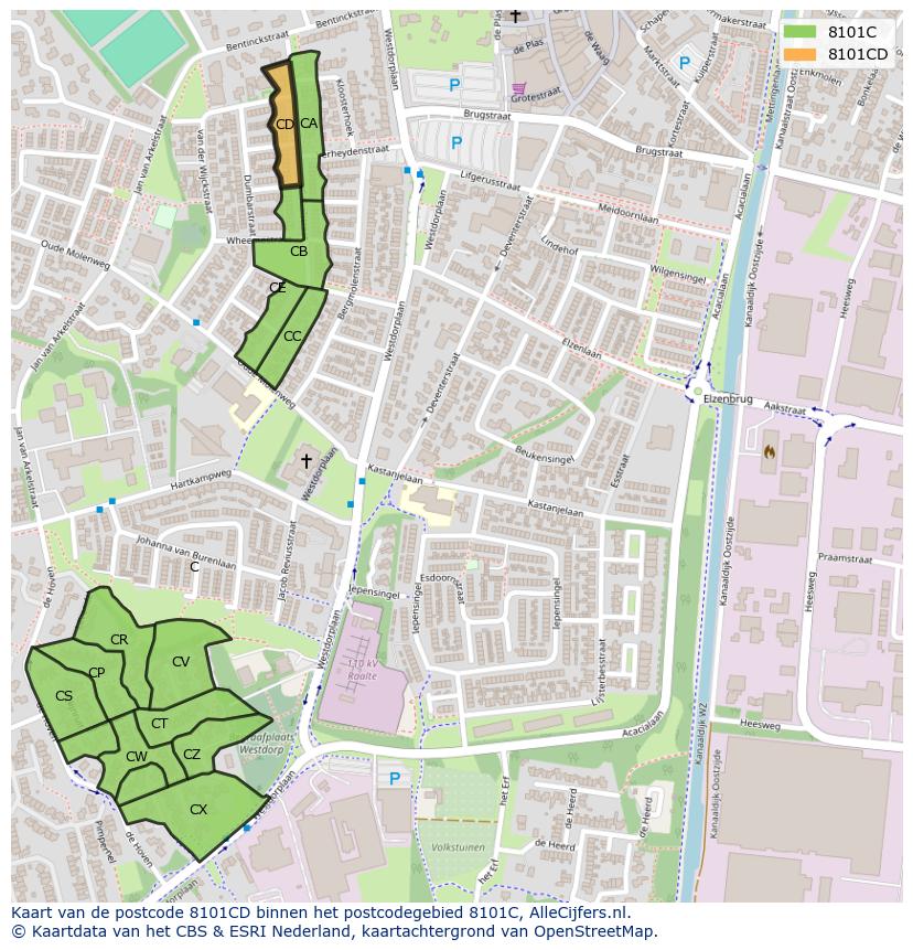 Afbeelding van het postcodegebied 8101 CD op de kaart.