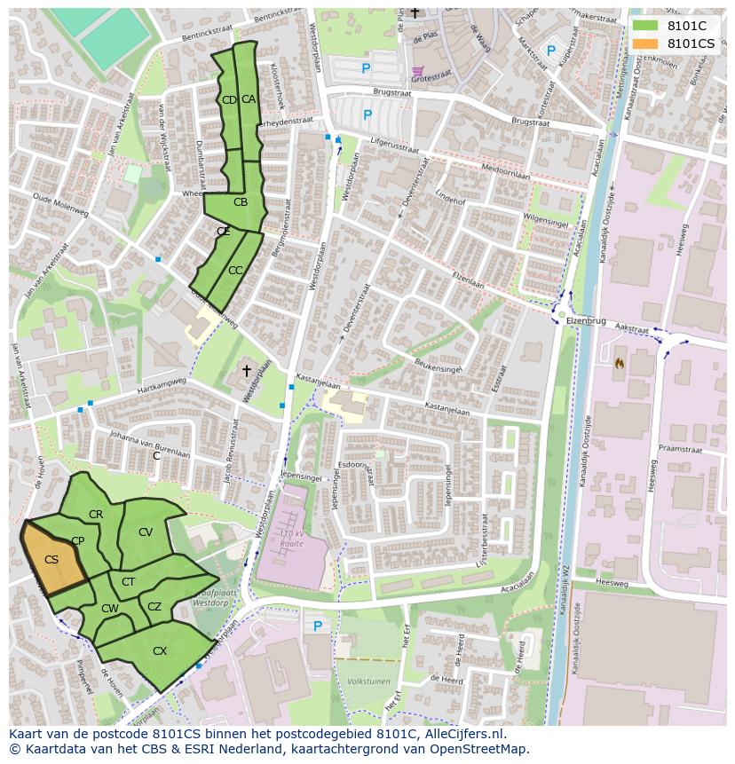 Afbeelding van het postcodegebied 8101 CS op de kaart.