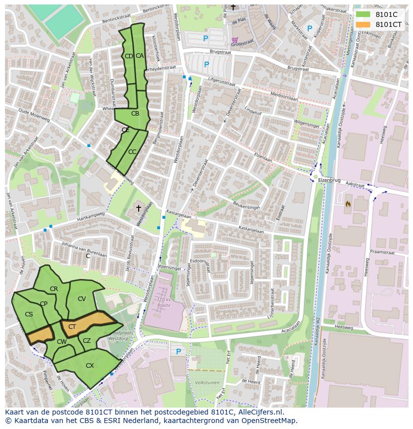 Afbeelding van het postcodegebied 8101 CT op de kaart.