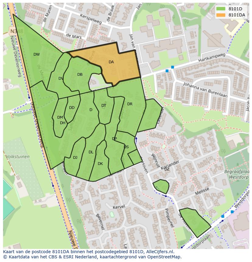 Afbeelding van het postcodegebied 8101 DA op de kaart.