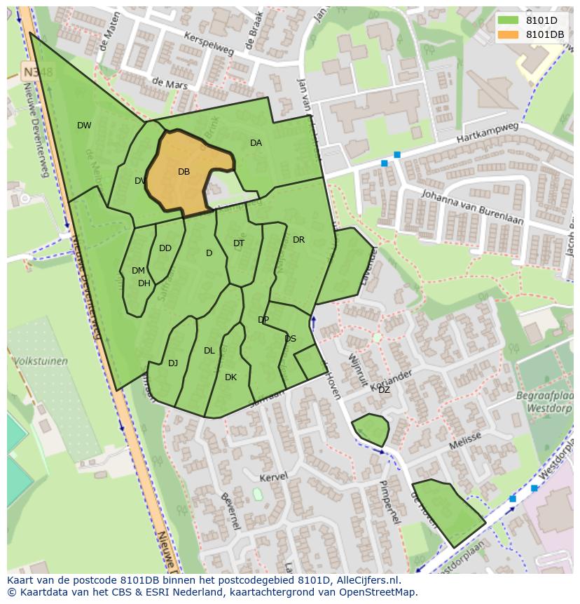 Afbeelding van het postcodegebied 8101 DB op de kaart.