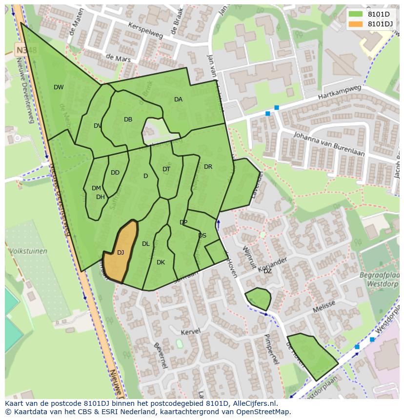 Afbeelding van het postcodegebied 8101 DJ op de kaart.