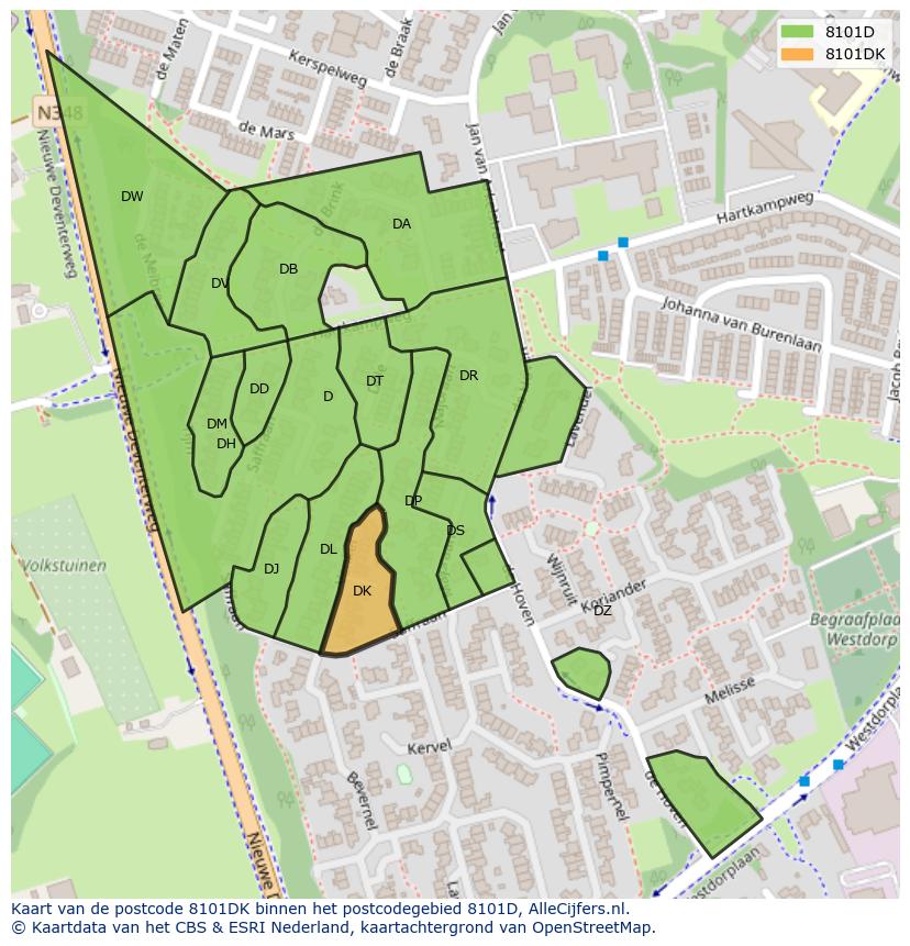 Afbeelding van het postcodegebied 8101 DK op de kaart.