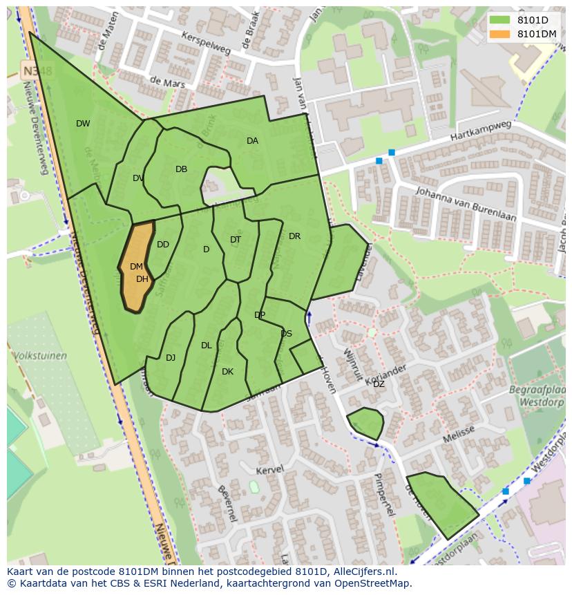 Afbeelding van het postcodegebied 8101 DM op de kaart.