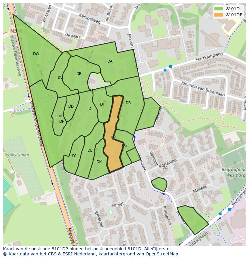 Afbeelding van het postcodegebied 8101 DP op de kaart.