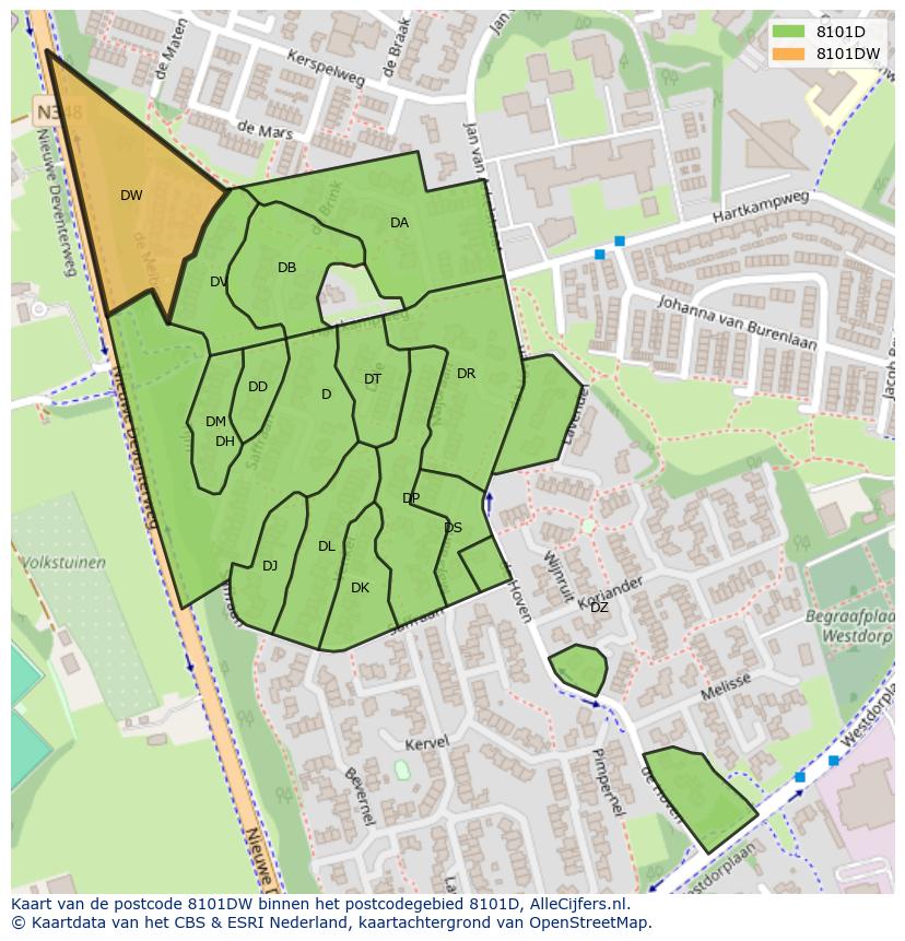 Afbeelding van het postcodegebied 8101 DW op de kaart.
