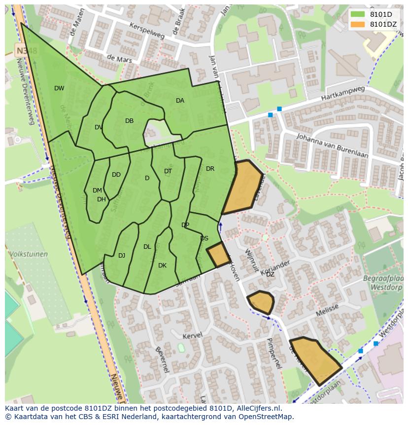Afbeelding van het postcodegebied 8101 DZ op de kaart.