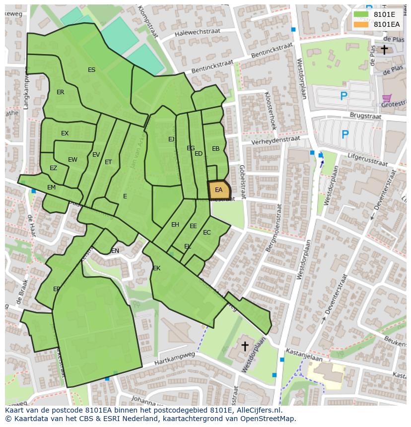 Afbeelding van het postcodegebied 8101 EA op de kaart.
