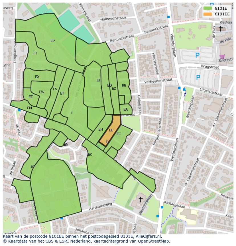 Afbeelding van het postcodegebied 8101 EE op de kaart.