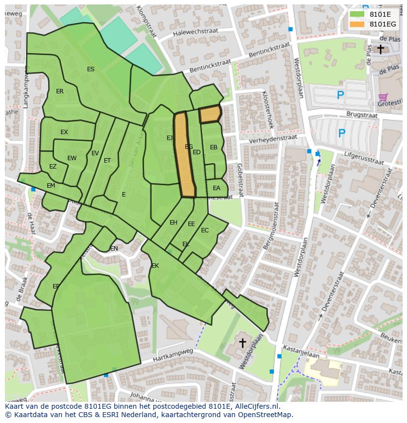 Afbeelding van het postcodegebied 8101 EG op de kaart.