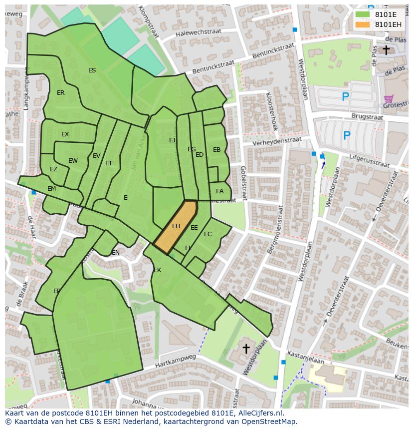 Afbeelding van het postcodegebied 8101 EH op de kaart.