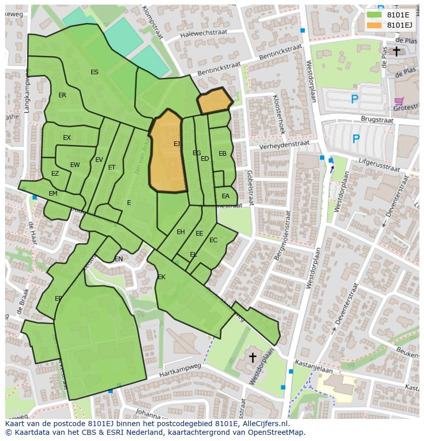Afbeelding van het postcodegebied 8101 EJ op de kaart.