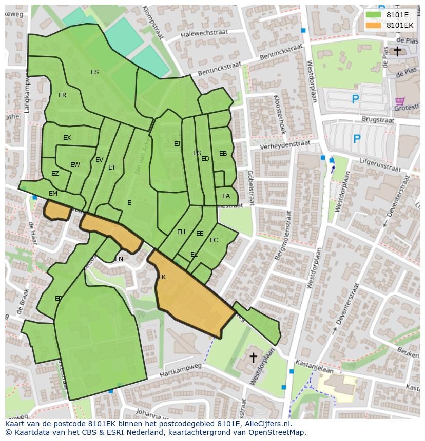 Afbeelding van het postcodegebied 8101 EK op de kaart.