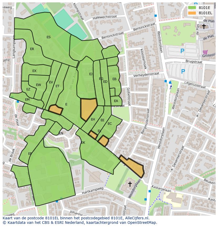 Afbeelding van het postcodegebied 8101 EL op de kaart.