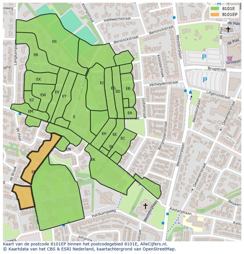 Afbeelding van het postcodegebied 8101 EP op de kaart.