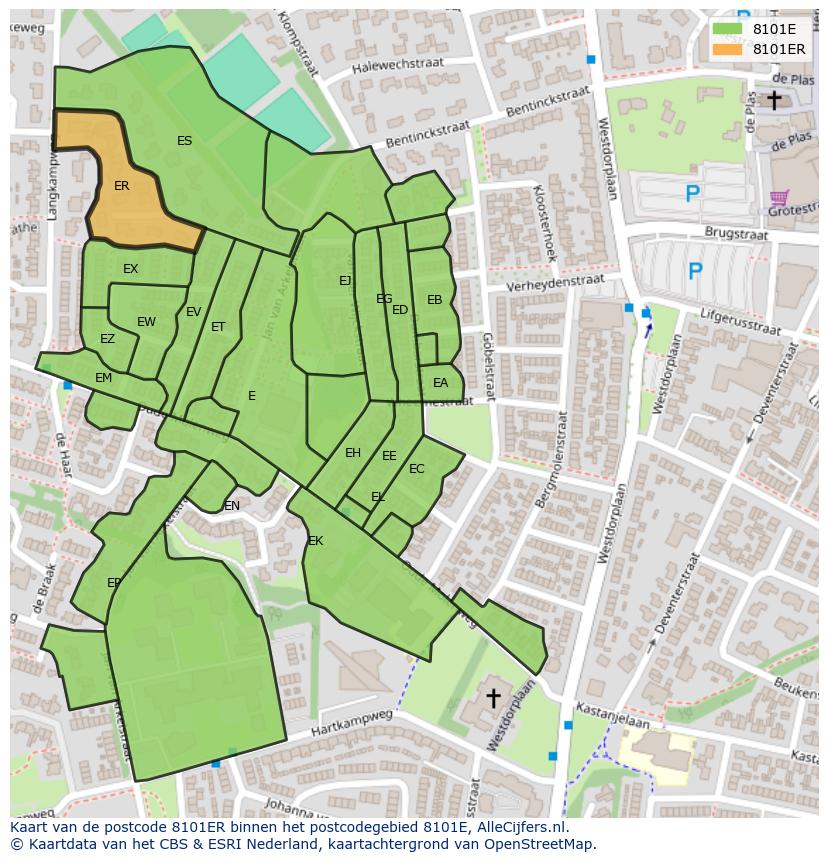 Afbeelding van het postcodegebied 8101 ER op de kaart.