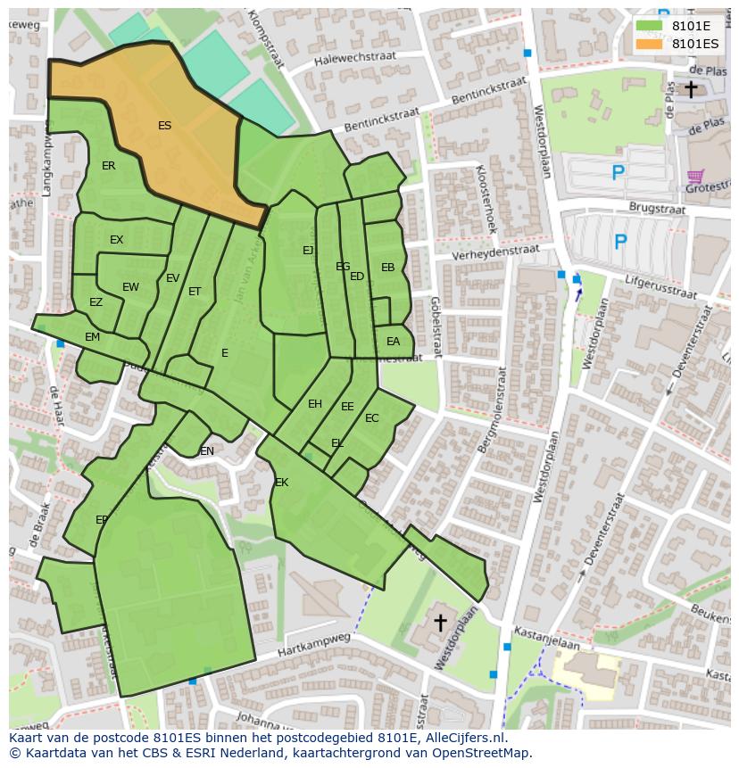 Afbeelding van het postcodegebied 8101 ES op de kaart.