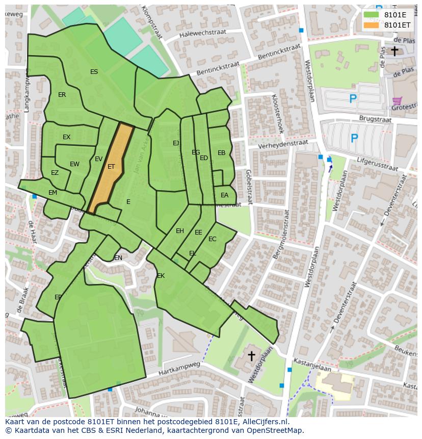 Afbeelding van het postcodegebied 8101 ET op de kaart.