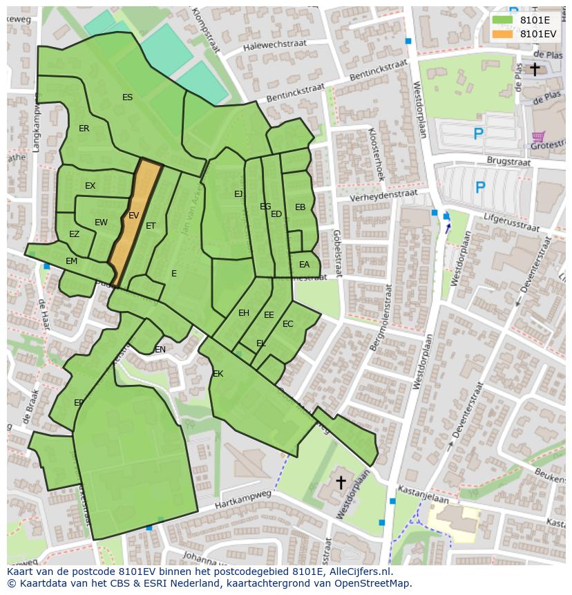 Afbeelding van het postcodegebied 8101 EV op de kaart.