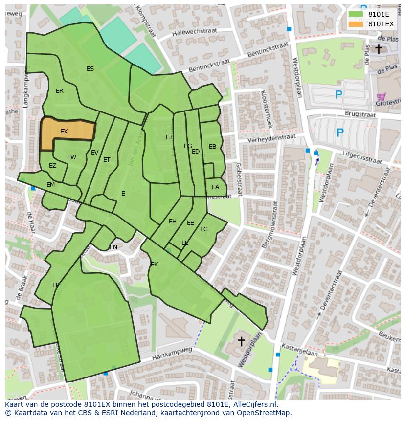 Afbeelding van het postcodegebied 8101 EX op de kaart.