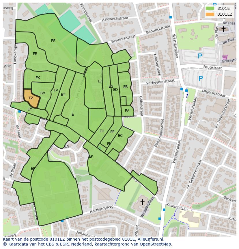 Afbeelding van het postcodegebied 8101 EZ op de kaart.