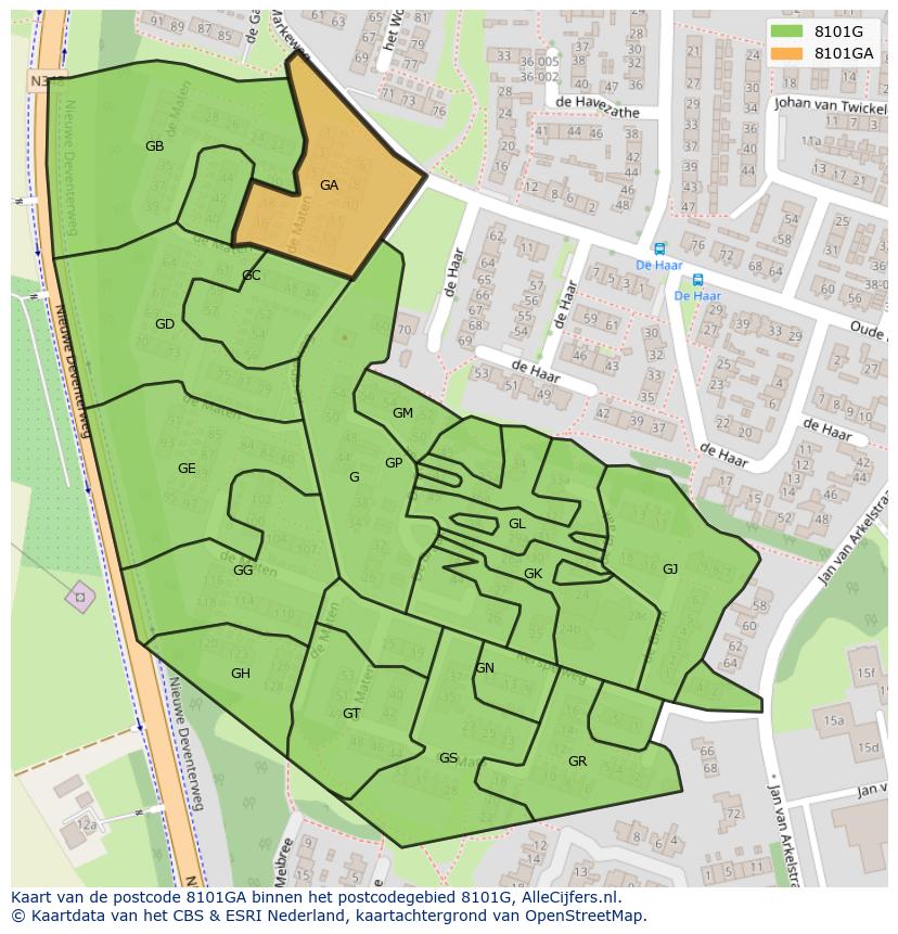 Afbeelding van het postcodegebied 8101 GA op de kaart.