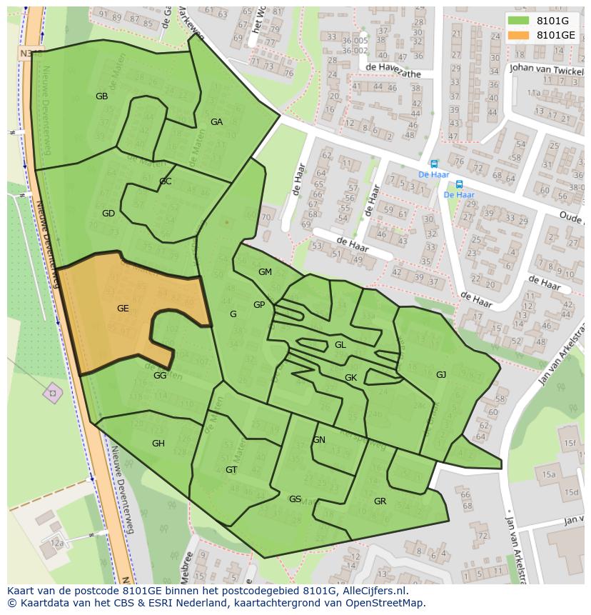 Afbeelding van het postcodegebied 8101 GE op de kaart.