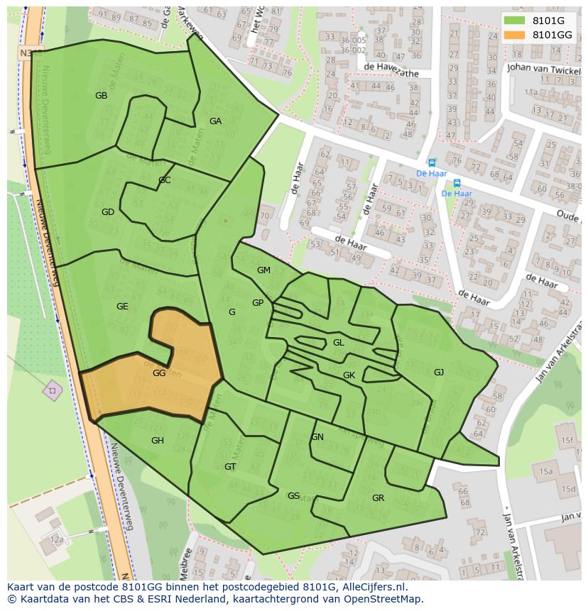 Afbeelding van het postcodegebied 8101 GG op de kaart.