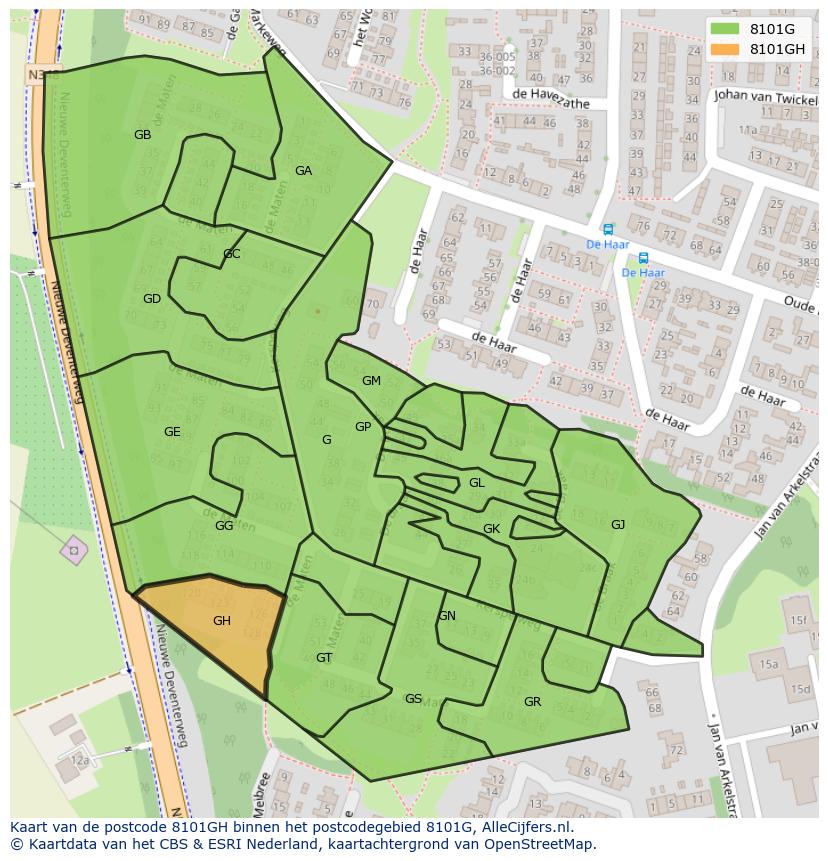 Afbeelding van het postcodegebied 8101 GH op de kaart.