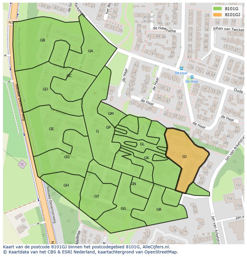 Afbeelding van het postcodegebied 8101 GJ op de kaart.