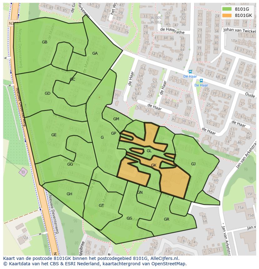 Afbeelding van het postcodegebied 8101 GK op de kaart.