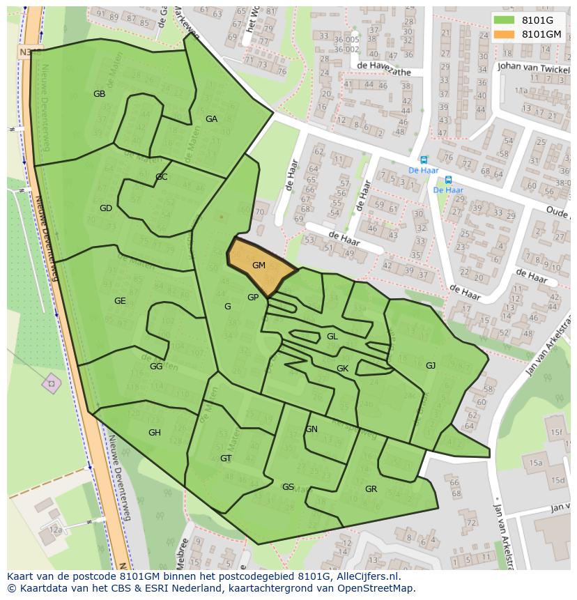 Afbeelding van het postcodegebied 8101 GM op de kaart.