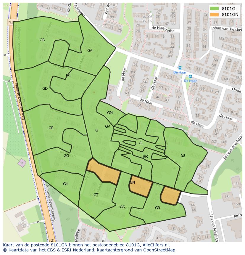 Afbeelding van het postcodegebied 8101 GN op de kaart.
