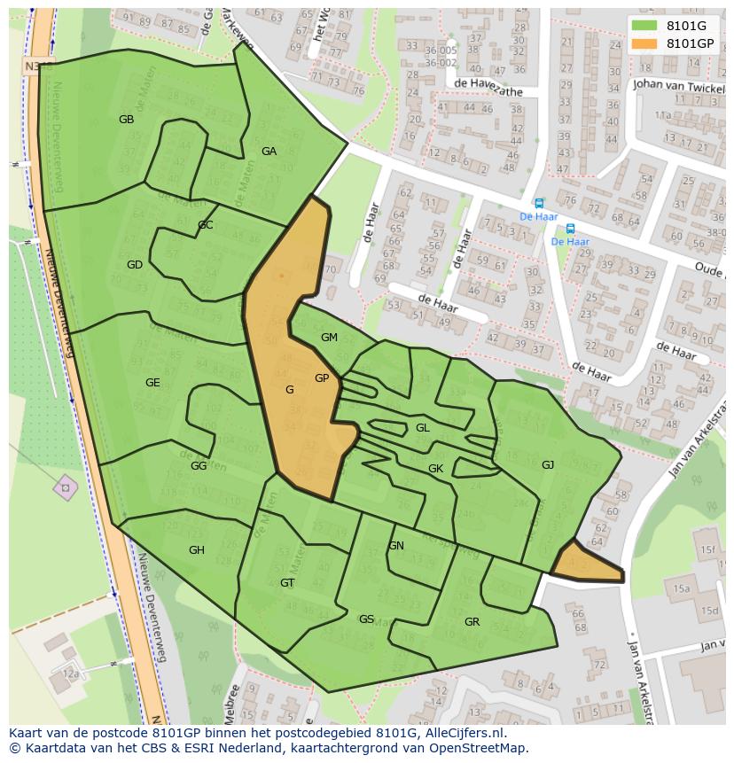 Afbeelding van het postcodegebied 8101 GP op de kaart.