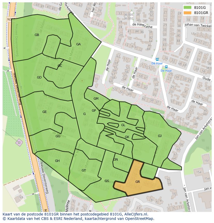 Afbeelding van het postcodegebied 8101 GR op de kaart.