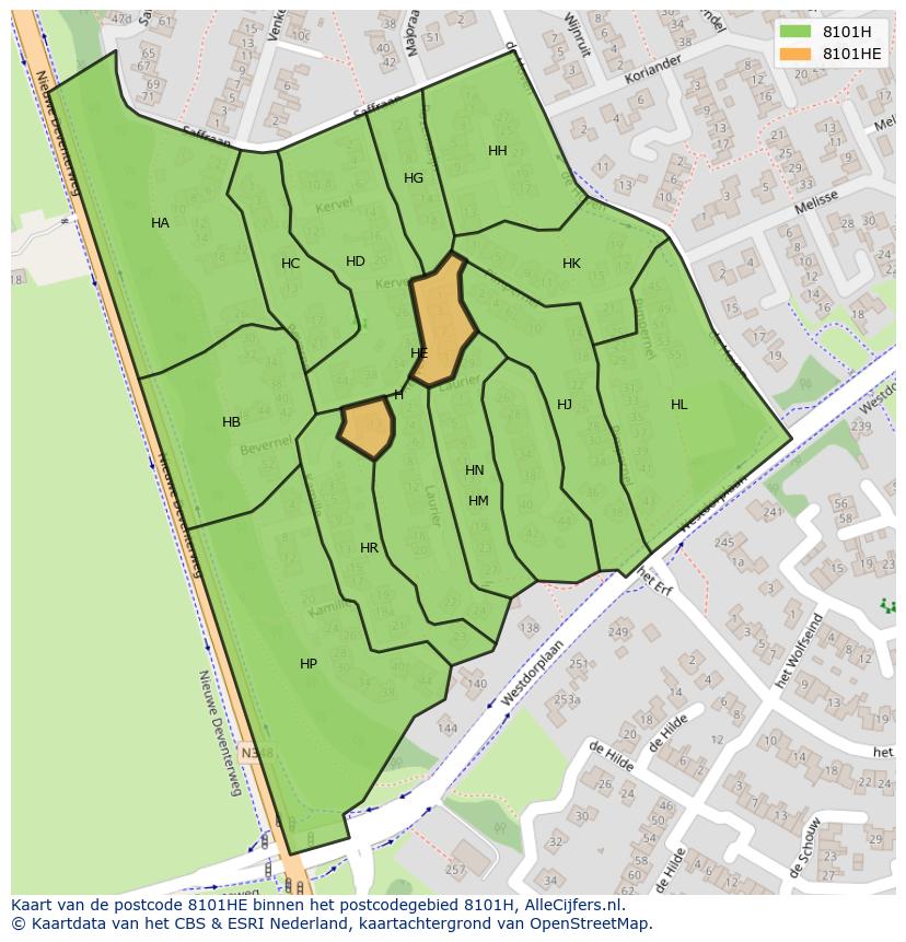 Afbeelding van het postcodegebied 8101 HE op de kaart.