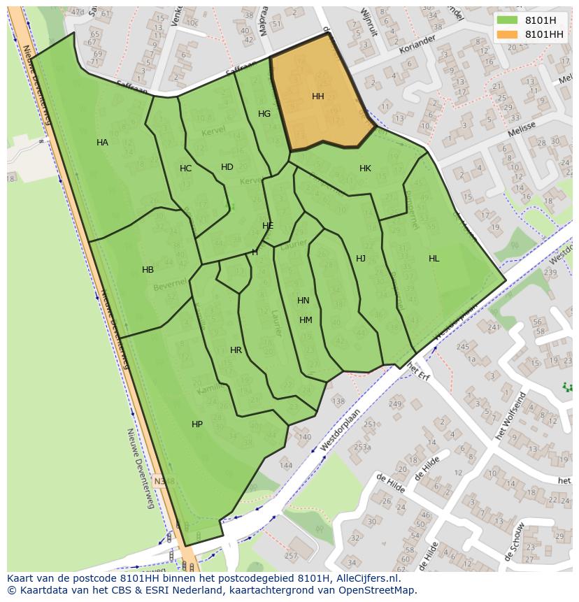 Afbeelding van het postcodegebied 8101 HH op de kaart.