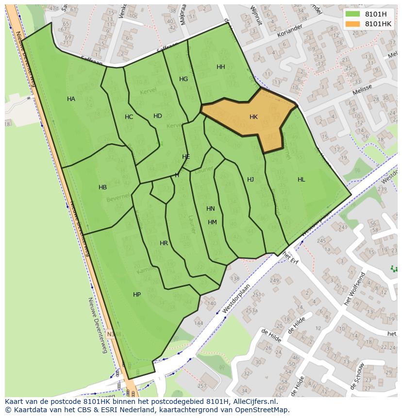 Afbeelding van het postcodegebied 8101 HK op de kaart.
