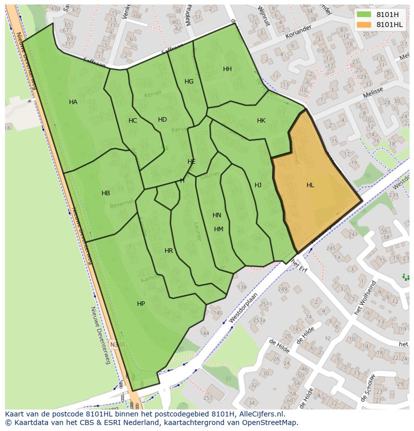 Afbeelding van het postcodegebied 8101 HL op de kaart.