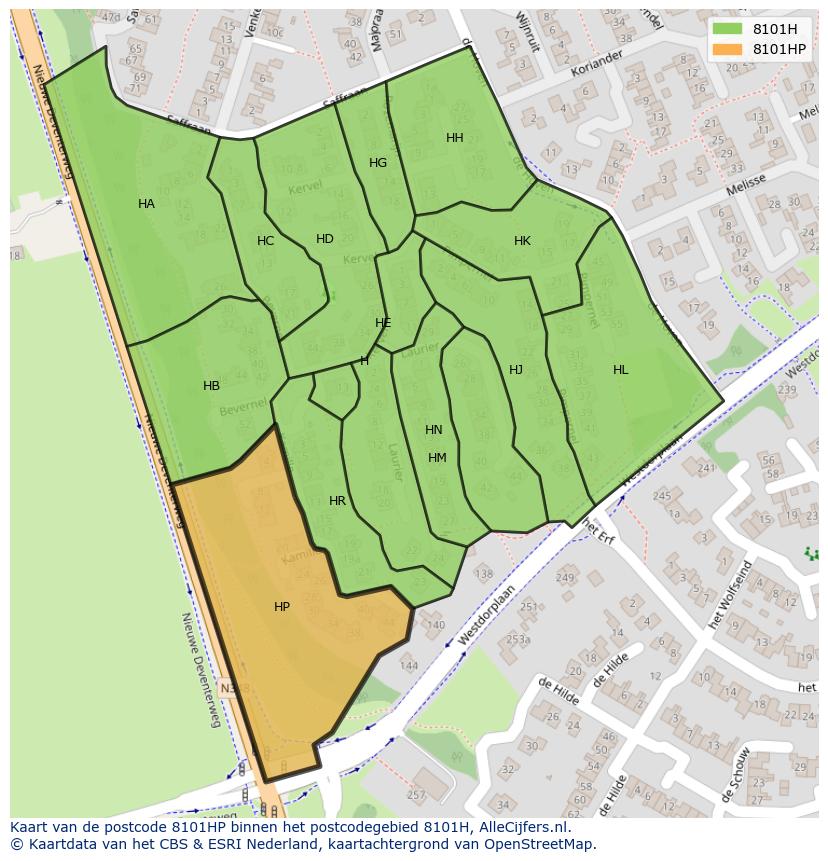 Afbeelding van het postcodegebied 8101 HP op de kaart.