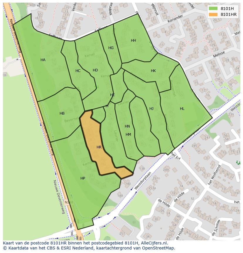Afbeelding van het postcodegebied 8101 HR op de kaart.