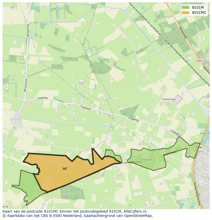 Afbeelding van het postcodegebied 8101 MC op de kaart.