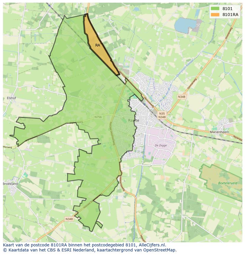 Afbeelding van het postcodegebied 8101 RA op de kaart.