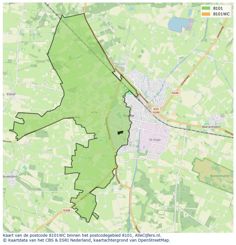 Afbeelding van het postcodegebied 8101 WC op de kaart.