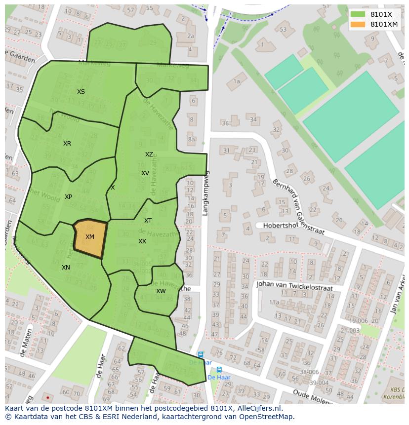 Afbeelding van het postcodegebied 8101 XM op de kaart.