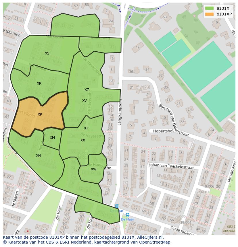 Afbeelding van het postcodegebied 8101 XP op de kaart.