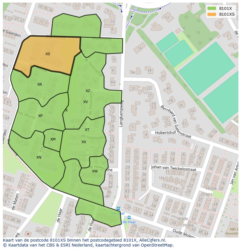 Afbeelding van het postcodegebied 8101 XS op de kaart.